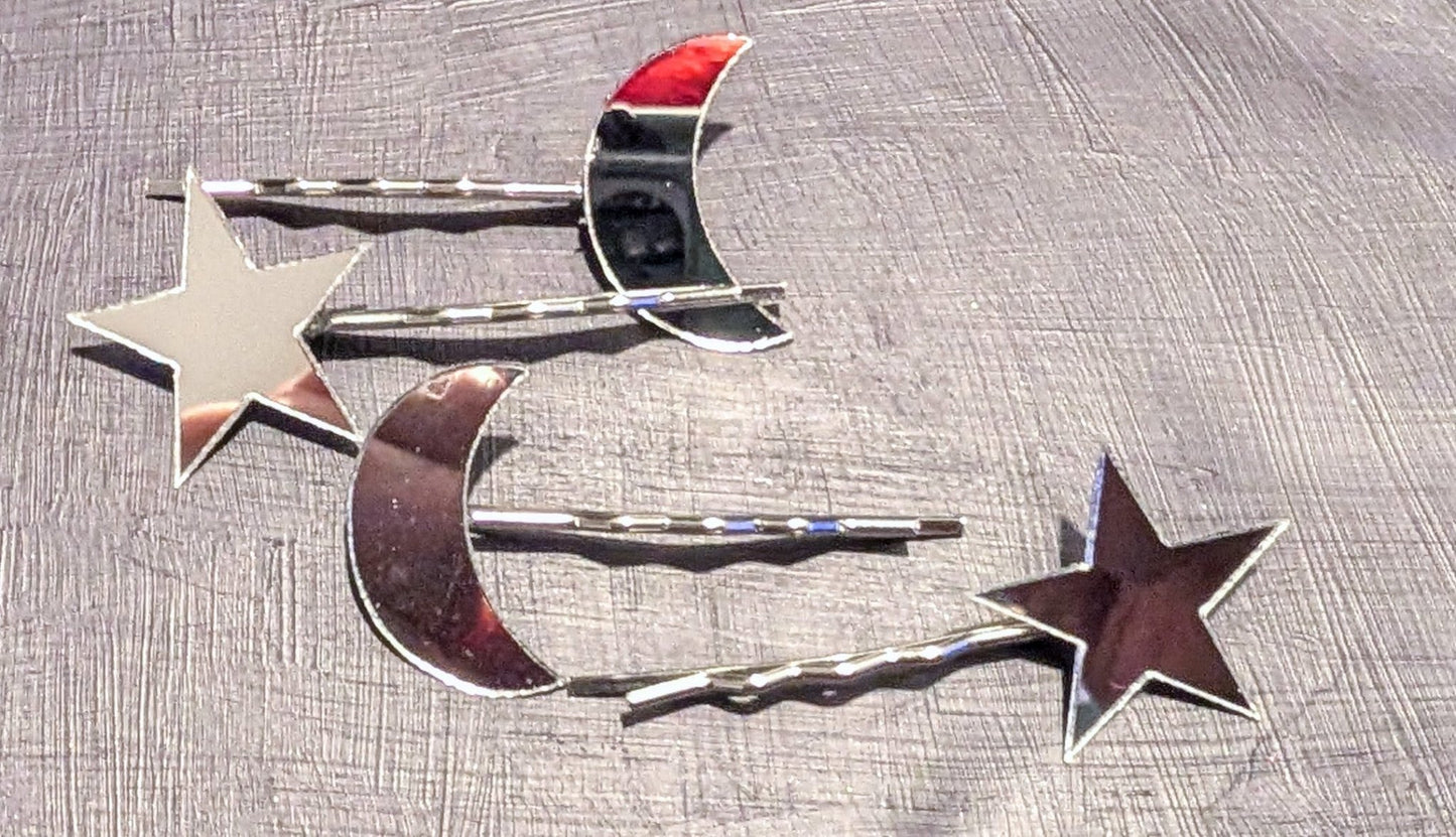 2 Pairs of Handmade Acrylic Mirror Moon and Stars Hair Slides. Gothic Accessories Gift - Oh My Gothness
