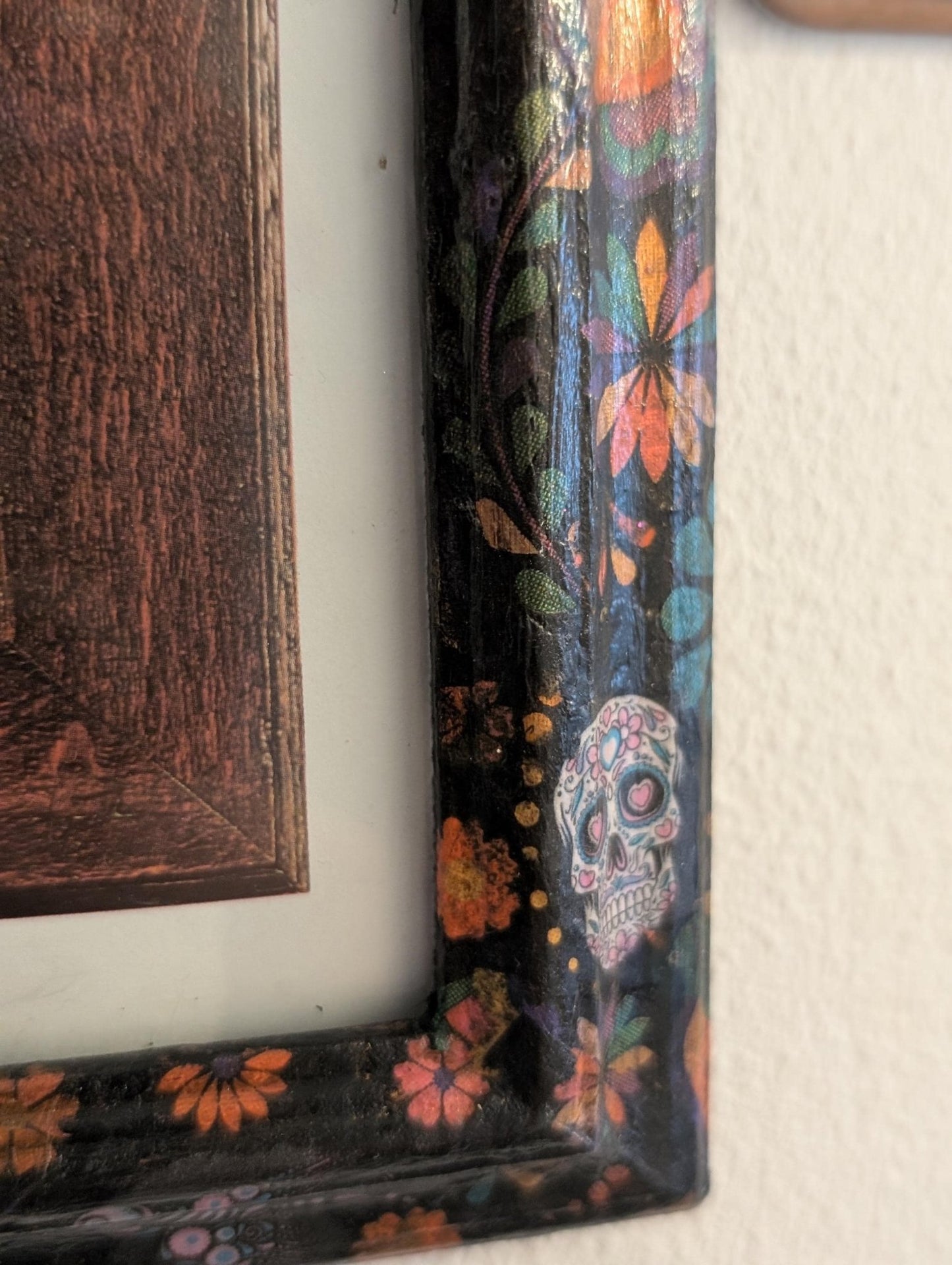 8 x 10 wall hanging portrait picture photo frame Découpaged Mexican sugar skulls Home decor Colourful Flowers, Black Skelton birds bats - Oh My Gothness