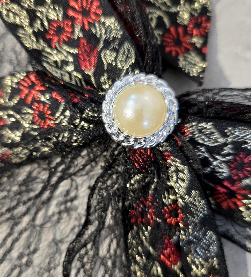 Black Red Roses & Lace Hair Bow With Pearl Button, Clip On - Lolita Gothic Punk Holiday - Oh My Gothness
