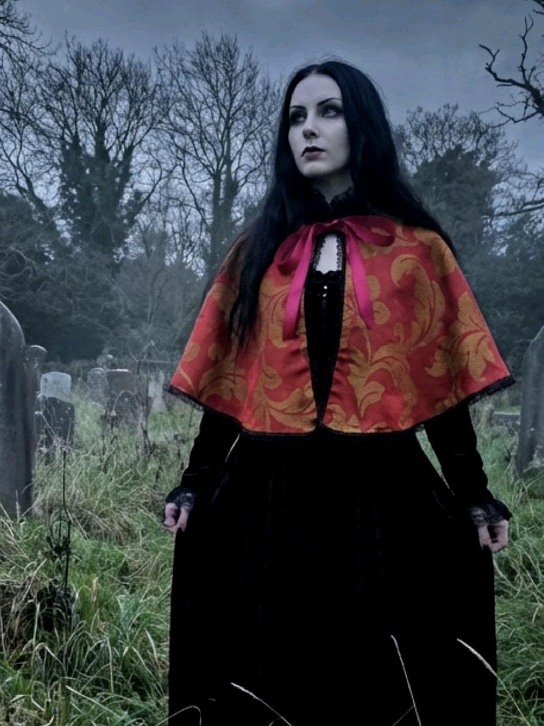 Burgundy Gold Jacquard Capelet, Black Lace Trim - Whitby Regency Costume - Oh My Gothness
