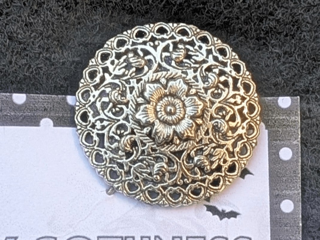 Hand made round decorative floral silver-tone metal lapel pin. - Oh My Gothness