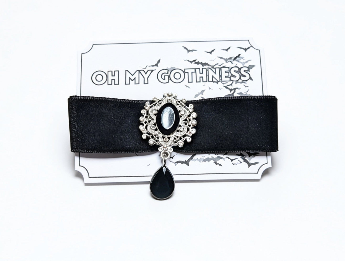 Hand Made Wide Black Velvet Choker With Decorative Black + Silver Drop Pendant. Gothic Accessory - Oh My Gothness