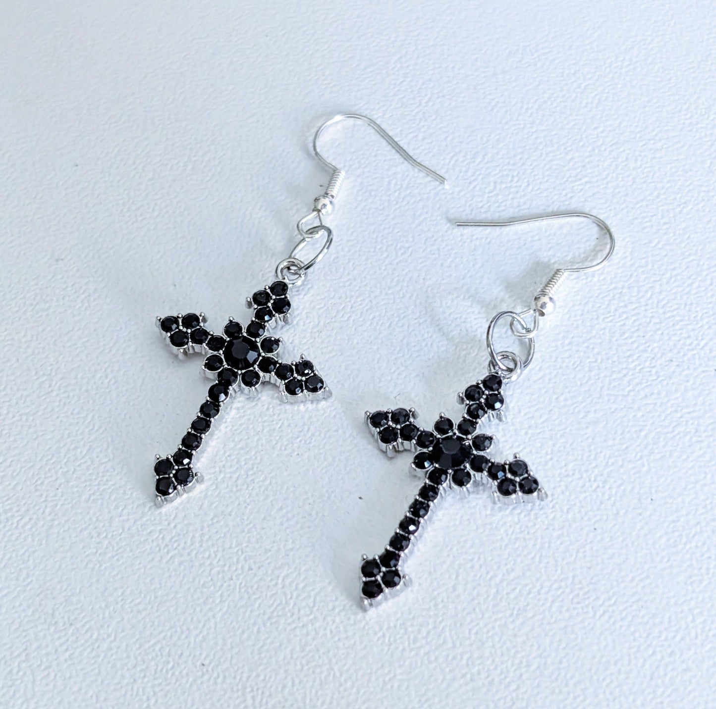 Handmade Black Diamante Cross Crucifix Dangle Drop Earrings. Goth Y2K Gift - Oh My Gothness