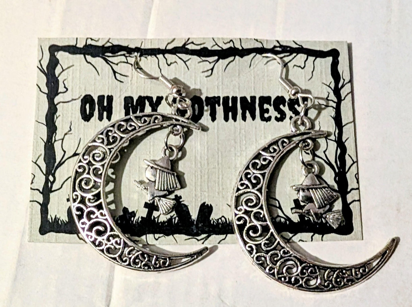 Handmade Crescent Moon Witch Earrings, Silver Tone Halloween Goth Jewelry - Oh My Gothness