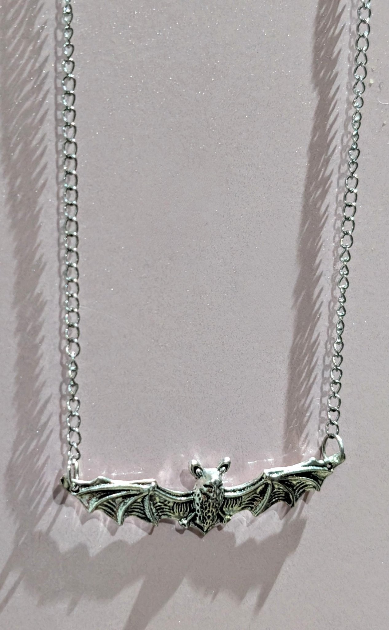 Handmade silver metal necklace pendant charm flying bat open wings gothic costume jewellery cute gift for her teen girl Halloween accessory - Oh My Gothness