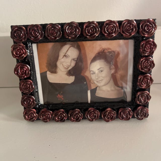 6 x 4" red wooden photo picture frame. Hand embellished+ painted gothic charms crosses skulls gems spiders funky gothic home decor gift insp
