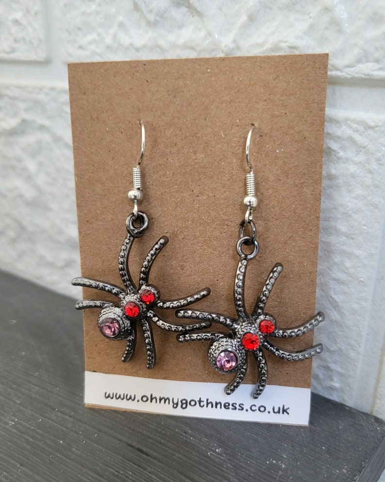 Silver Big Creepy Spider Earrings Red Pink Crystal Gems Goth Whitby Halloween Gothic Great Gift E7