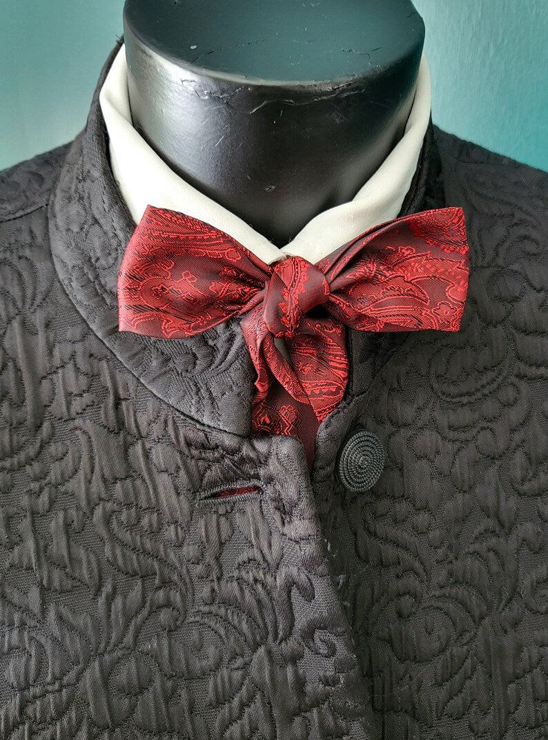 Burgundy Red Satin Paisley Self Tie Skinny Cravat Neck Scarf Multi Way Steampunk Wedding Pussy Bow Theatre Costume Victorian Whitby N4