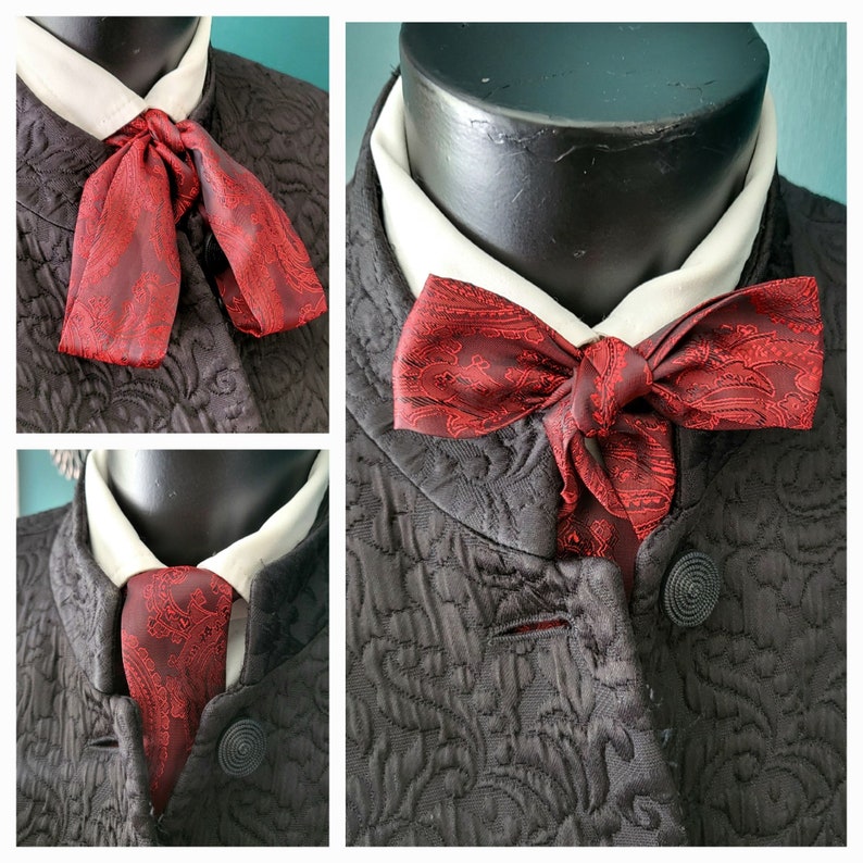 Burgundy Red Satin Paisley Self Tie Skinny Cravat Neck Scarf Multi Way Steampunk Wedding Pussy Bow Theatre Costume Victorian Whitby N4