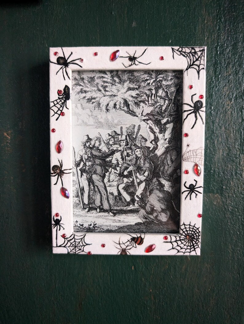 4 x 6" white wall hanging photo / picture frame adorned in red gems, spiders and webs. Gothic decor horror fan gift housewarming present