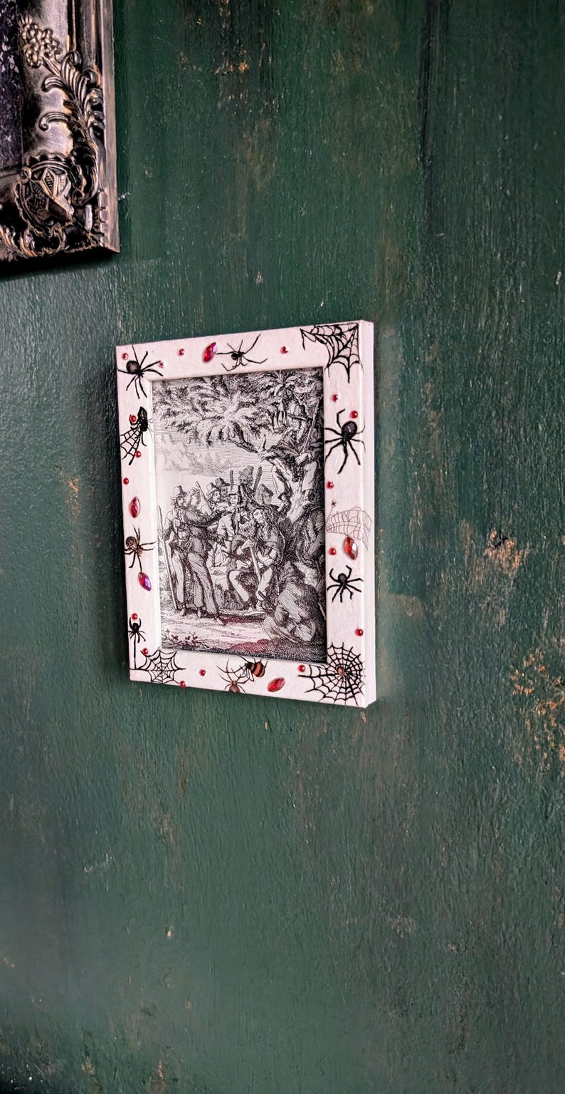 4 x 6" white wall hanging photo / picture frame adorned in red gems, spiders and webs. Gothic decor horror fan gift housewarming present