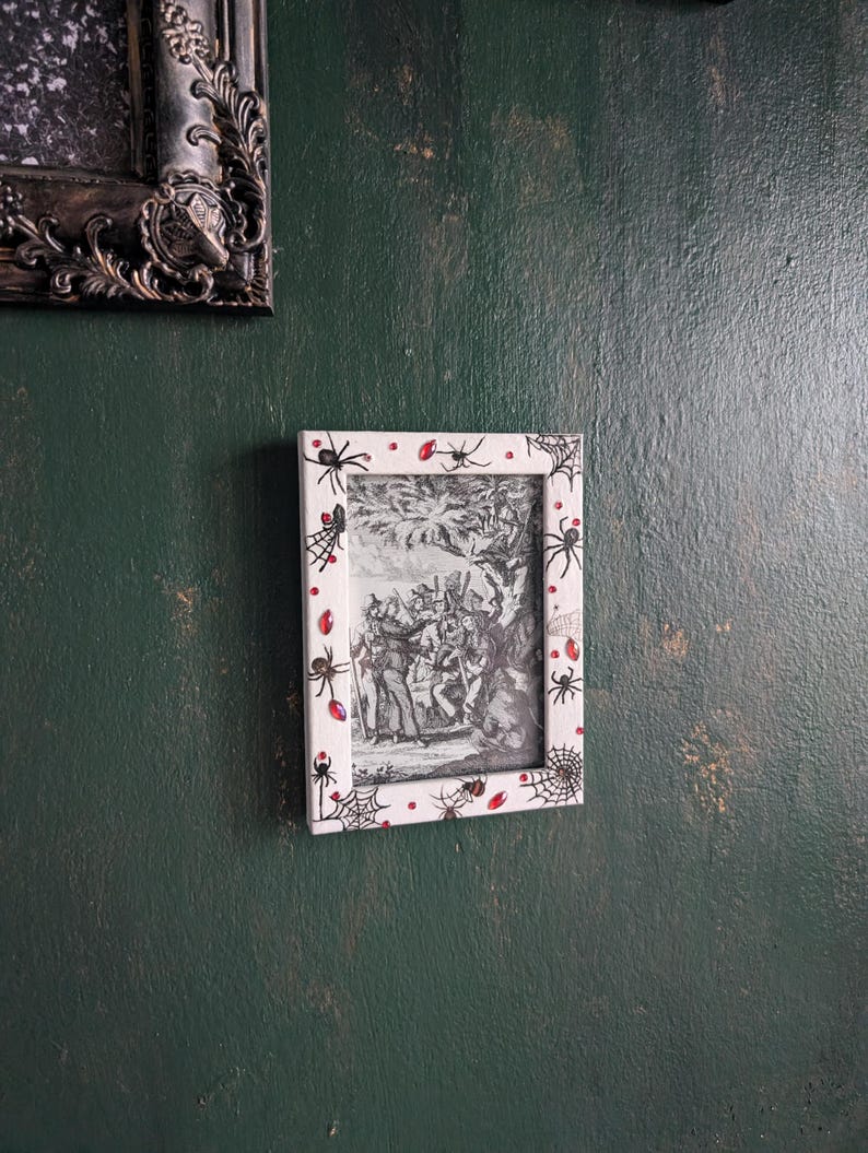 4 x 6" white wall hanging photo / picture frame adorned in red gems, spiders and webs. Gothic decor horror fan gift housewarming present