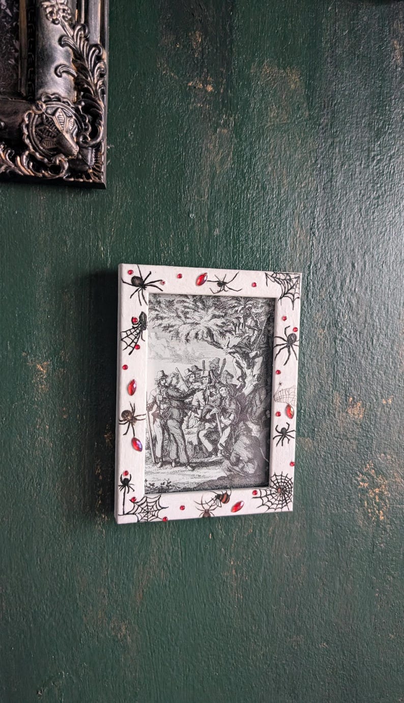 4 x 6" white wall hanging photo / picture frame adorned in red gems, spiders and webs. Gothic decor horror fan gift housewarming present