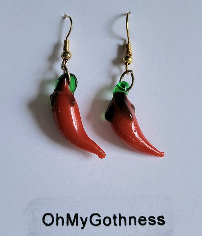 Chilli Pepper Glass Drop Earrings Party Holiday Red Hot Whitby Festival Great Gift ER3