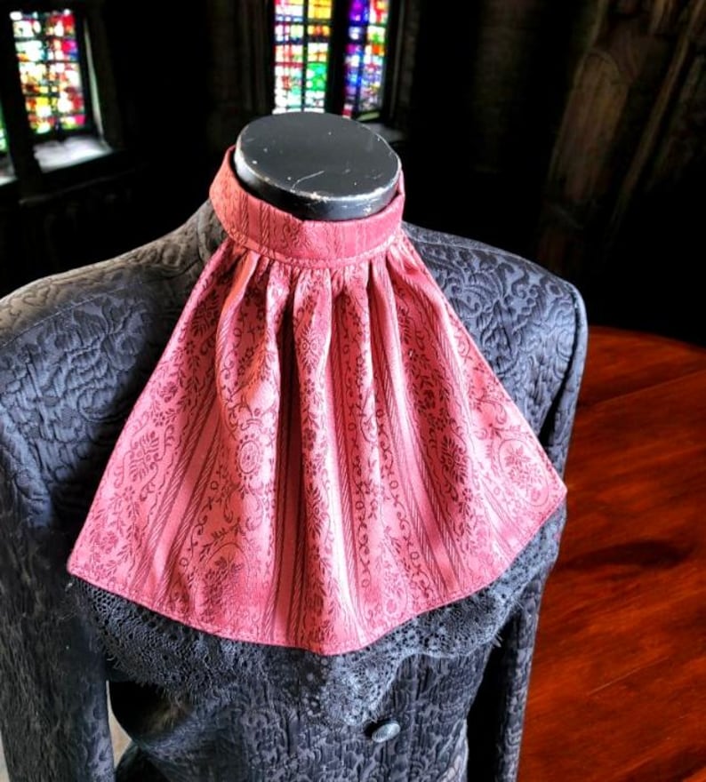 Burgundy Jacquard Damask & Black Lace Jabot Cravat Victorian Ruffle Neck Frill Regency Steampunk Whitby Gothic Theatre Costume Cosplay N35