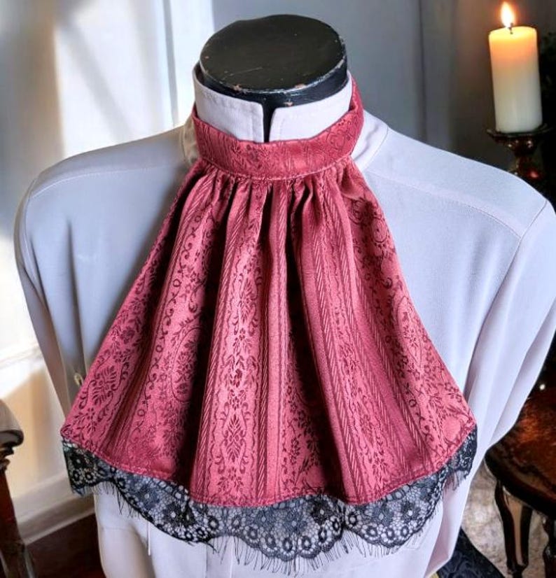 Burgundy Jacquard Damask & Black Lace Jabot Cravat Victorian Ruffle Neck Frill Regency Steampunk Whitby Gothic Theatre Costume Cosplay N35