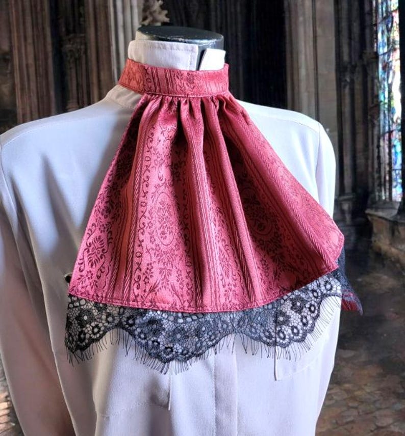 Burgundy Jacquard Damask & Black Lace Jabot Cravat Victorian Ruffle Neck Frill Regency Steampunk Whitby Gothic Theatre Costume Cosplay N35