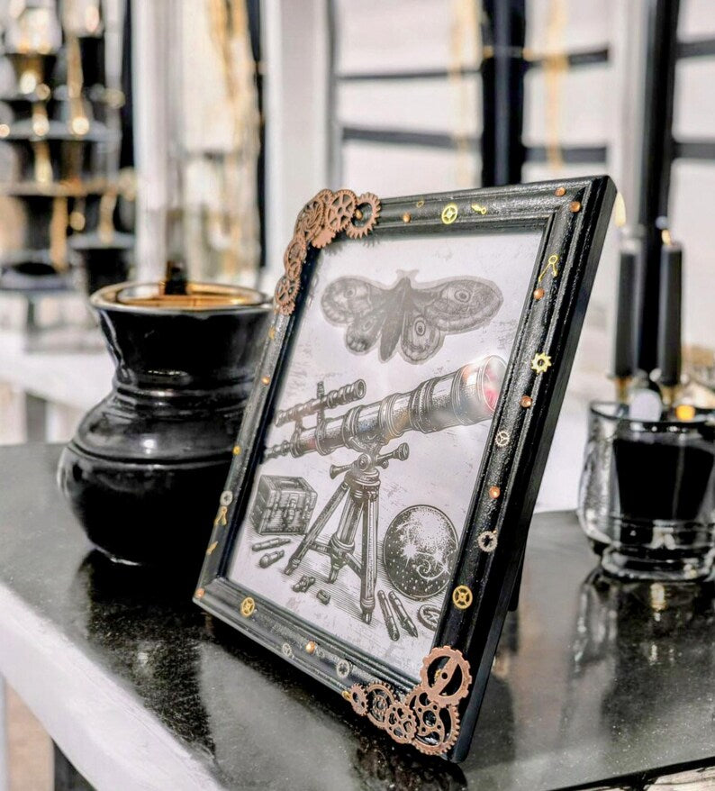 7 x 5" portrait freestanding photo picture frame black with copper bronze steampunk mechanical cogs small gems unique home decor gift ooak