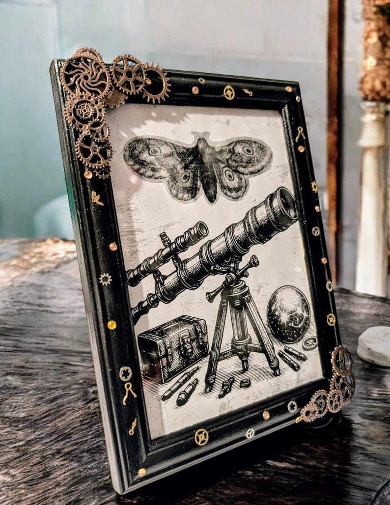 7 x 5" portrait freestanding photo picture frame black with copper bronze steampunk mechanical cogs small gems unique home decor gift ooak