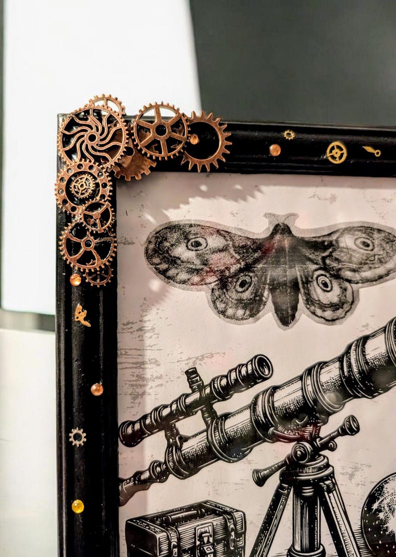 7 x 5" portrait freestanding photo picture frame black with copper bronze steampunk mechanical cogs small gems unique home decor gift ooak