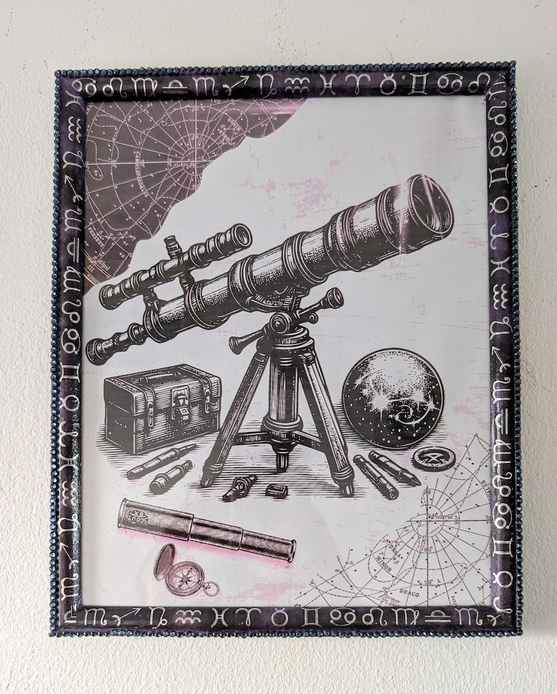 10x8" portrait landscape wall hanging purple and silver zodiac horoscope picture frame. blue gem border mystic home decor gift present ooak