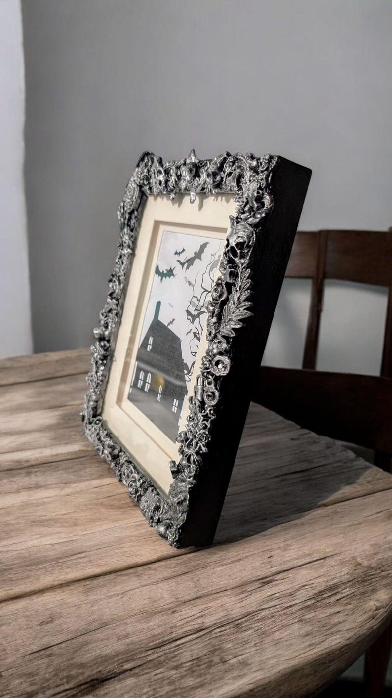8 x 6" free standing picture photo frame. Chunky Gothic home decor blackened silver creepy bugs bones spiders gift for couple house unique