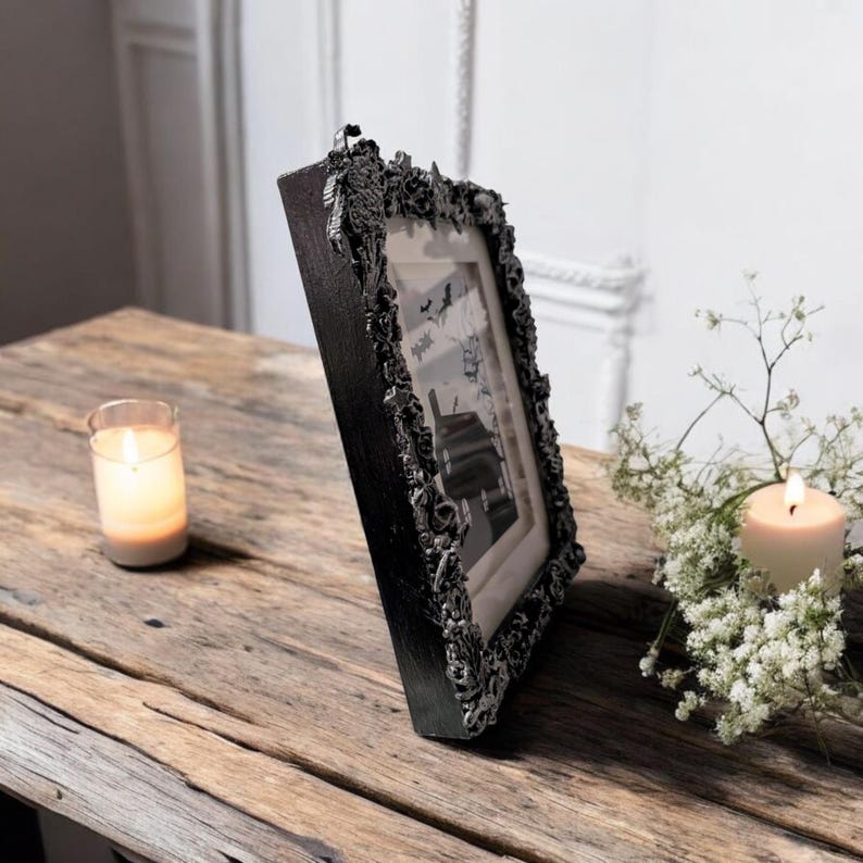 8 x 6" free standing picture photo frame. Chunky Gothic home decor blackened silver creepy bugs bones spiders gift for couple house unique