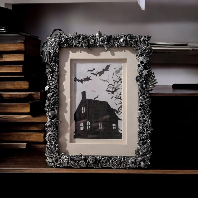 8 x 6" free standing picture photo frame. Chunky Gothic home decor blackened silver creepy bugs bones spiders gift for couple house unique
