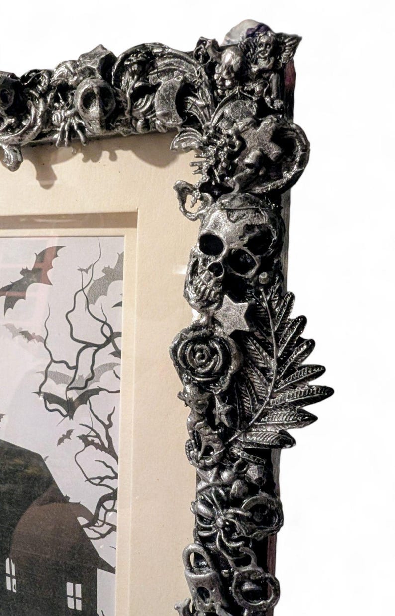 8 x 6" free standing picture photo frame. Chunky Gothic home decor blackened silver creepy bugs bones spiders gift for couple house unique