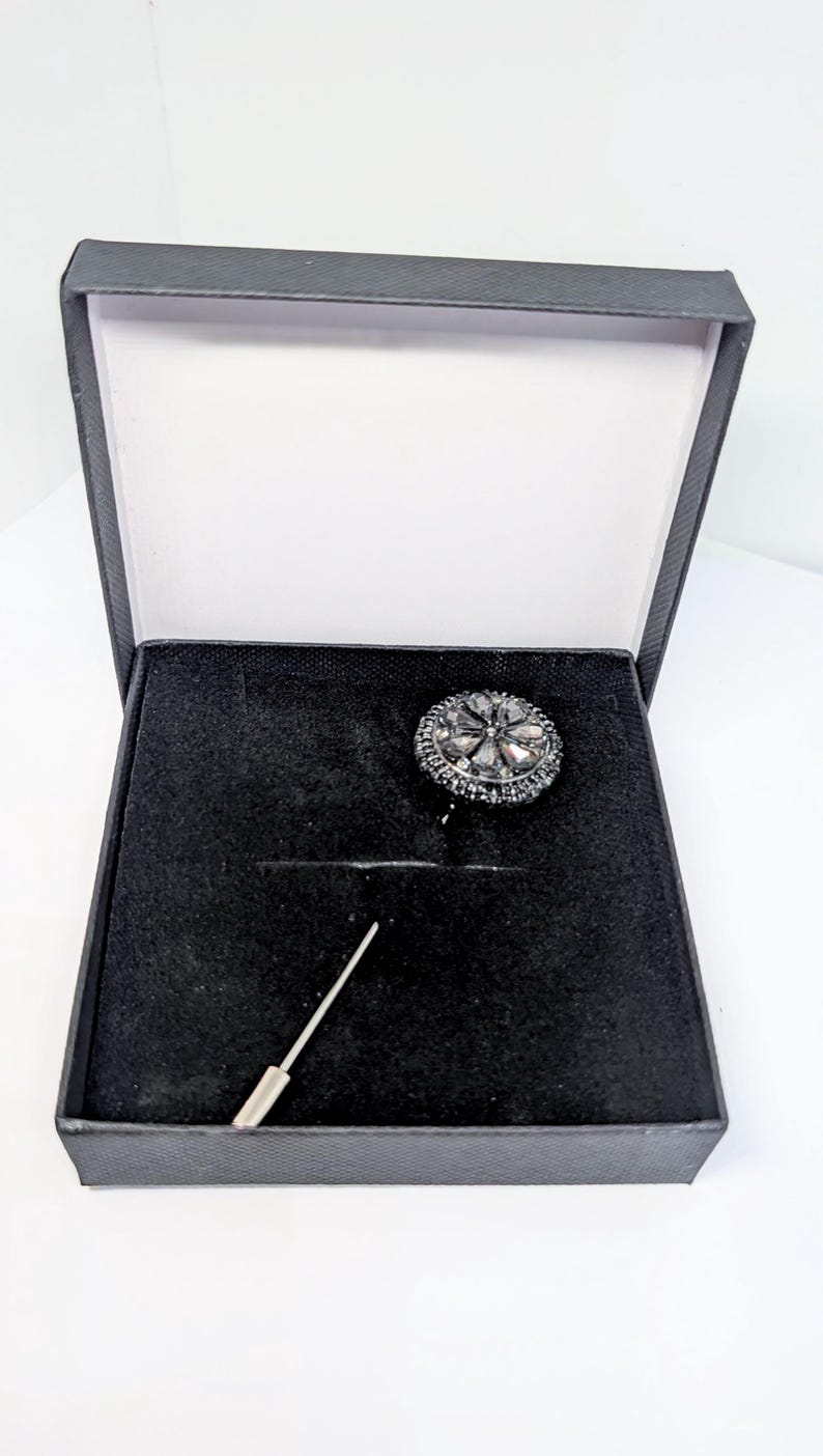 Handmade grey diamantés round decorative lapel pin set in antique silver tone metal gift box dapper gentleman groom gothic wedding unique