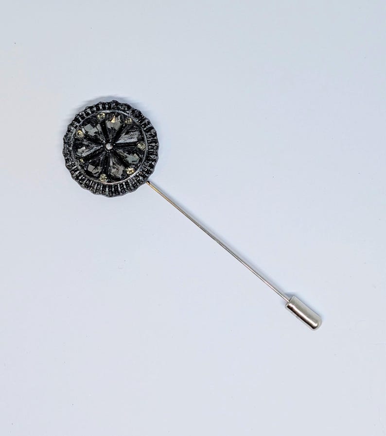 Handmade grey diamantés round decorative lapel pin set in antique silver tone metal gift box dapper gentleman groom gothic wedding unique