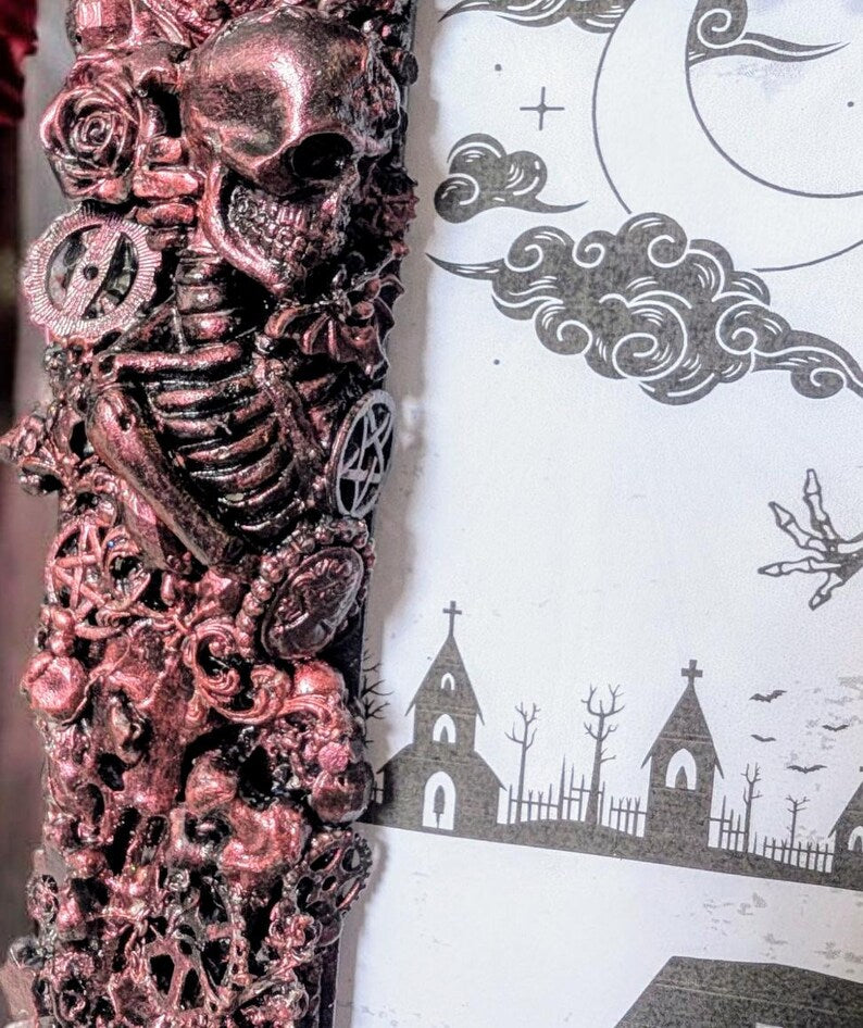 8 x 6" freestanding portrait picture photo frame. Hand embellished gothic charms blackened metallic rose pink crow skulls skeletons spooky