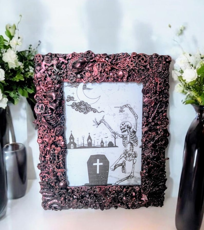 8 x 6" freestanding portrait picture photo frame. Hand embellished gothic charms blackened metallic rose pink crow skulls skeletons spooky