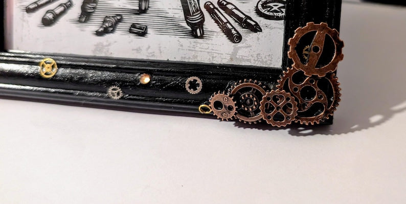 7 x 5" portrait freestanding photo picture frame black with copper bronze steampunk mechanical cogs small gems unique home decor gift ooak