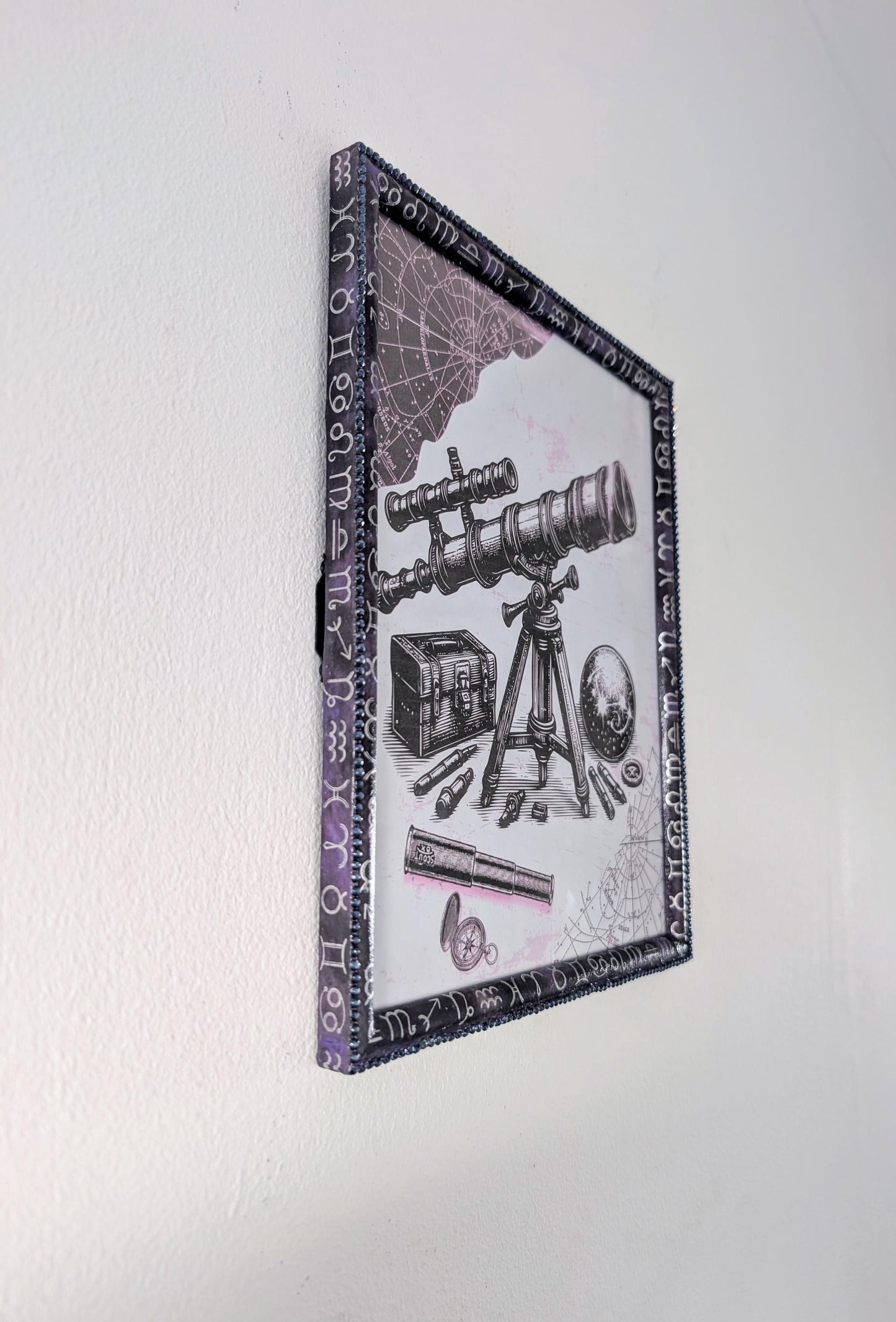 10x8" portrait landscape wall hanging purple and silver zodiac horoscope picture frame. blue gem border mystic home decor gift present ooak