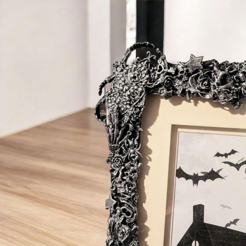 8 x 6" free standing picture photo frame. Chunky Gothic home decor blackened silver creepy bugs bones spiders gift for couple house unique
