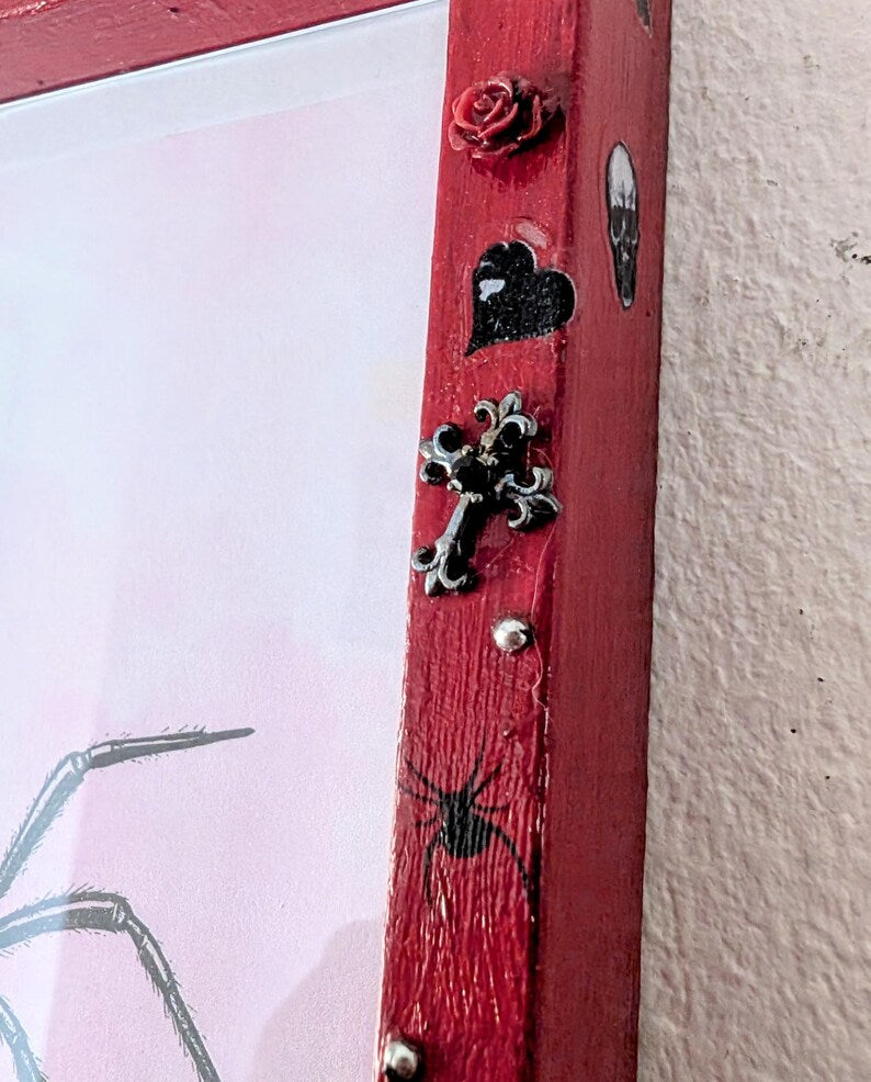 6 x 4" red deep wooden photo frame. Hand embellished+ painted gothic charms crosses skulls gems unusual funky gothic home decor gift inspo