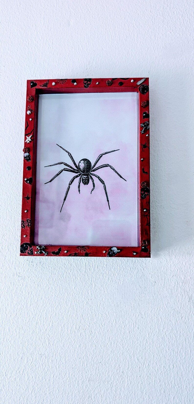 6 x 4" red deep wooden photo frame. Hand embellished+ painted gothic charms crosses skulls gems unusual funky gothic home decor gift inspo