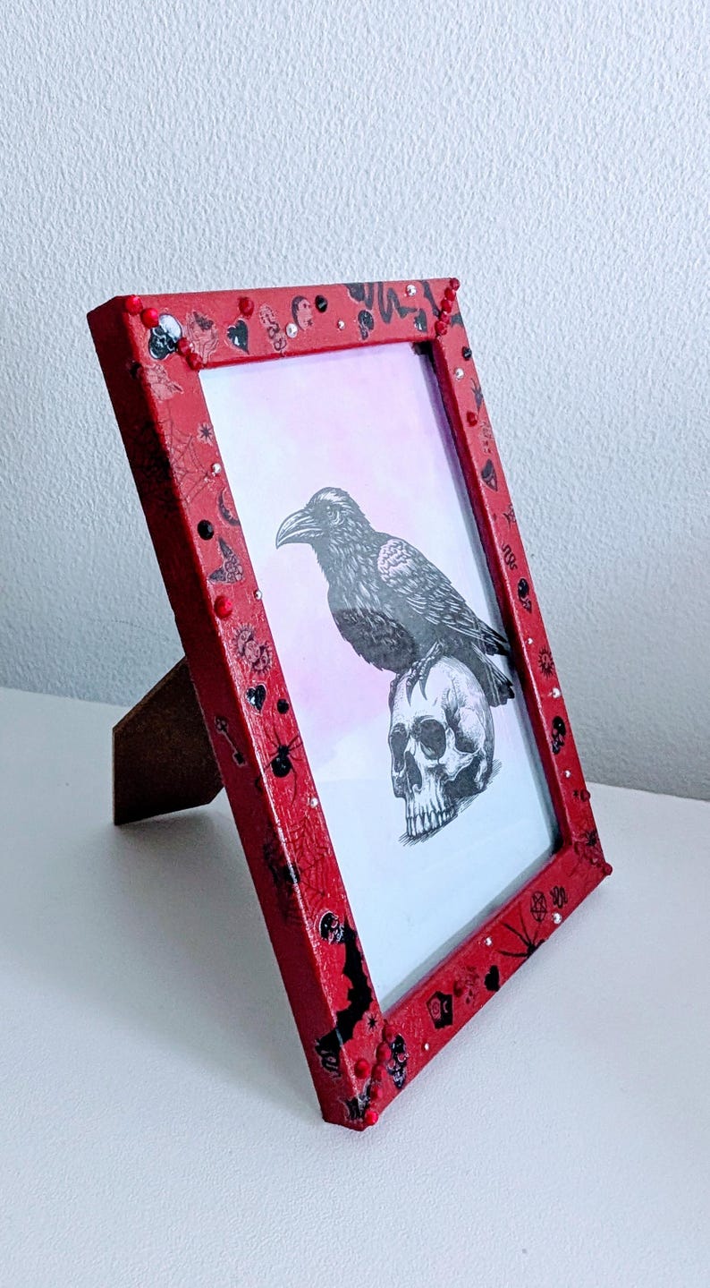 6 x 4" red wooden photo picture frame. Hand embellished+ painted gothic charms crosses skulls gems spiders funky gothic home decor gift insp
