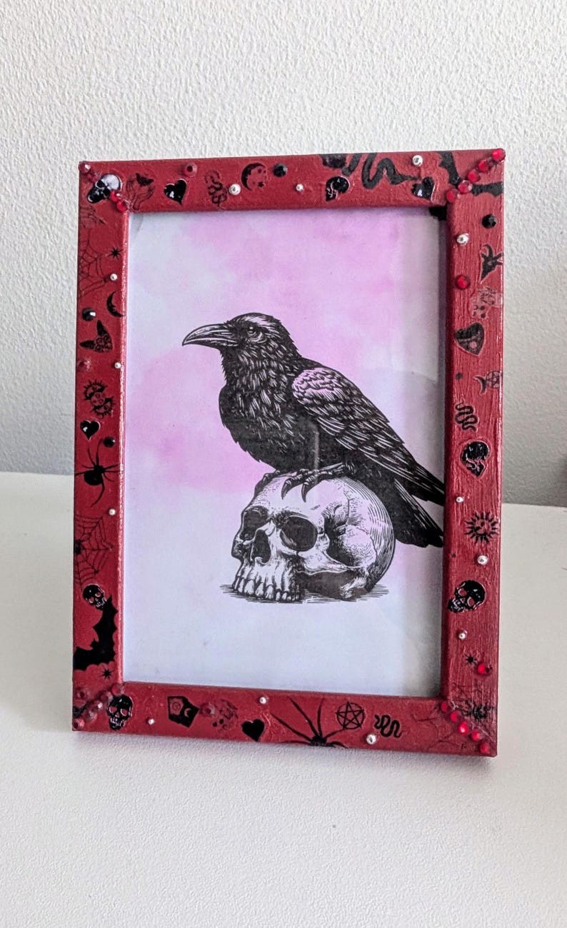 6 x 4" red wooden photo picture frame. Hand embellished+ painted gothic charms crosses skulls gems spiders funky gothic home decor gift insp