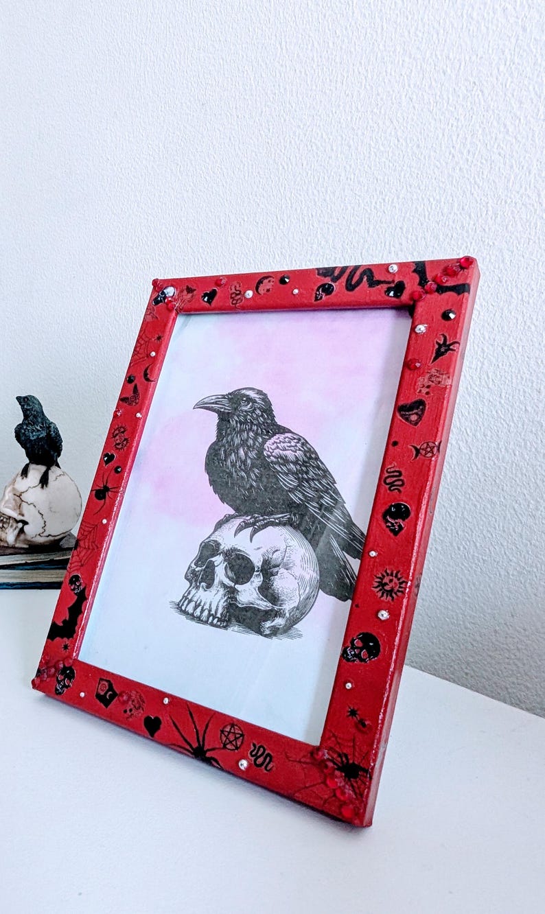 6 x 4" red wooden photo picture frame. Hand embellished+ painted gothic charms crosses skulls gems spiders funky gothic home decor gift insp