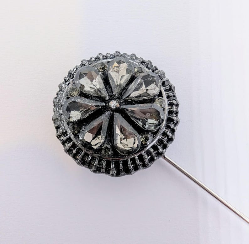 Handmade grey diamantés round decorative lapel pin set in antique silver tone metal gift box dapper gentleman groom gothic wedding unique