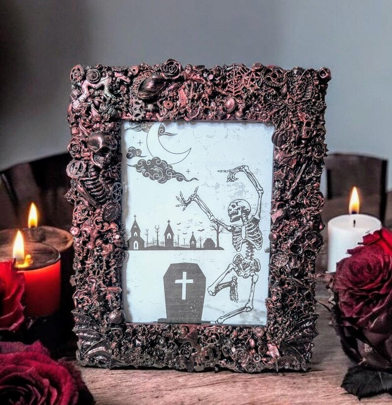 8 x 6" freestanding portrait picture photo frame. Hand embellished gothic charms blackened metallic rose pink crow skulls skeletons spooky