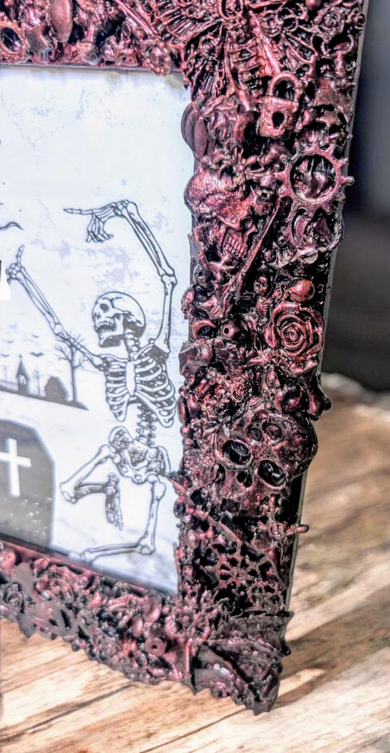 8 x 6" freestanding portrait picture photo frame. Hand embellished gothic charms blackened metallic rose pink crow skulls skeletons spooky