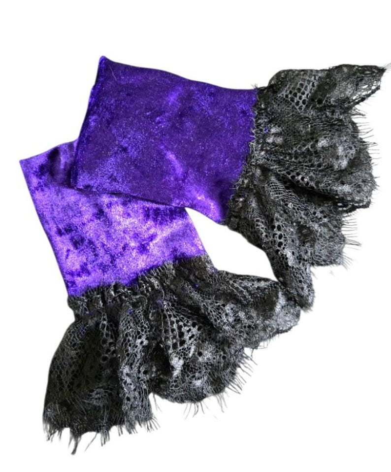 Purple Velvet & Deep Black Lace Wrist Cuffs Free Size Goth Whitby Victorian Style Larp Fancy Dress Gothic VA1