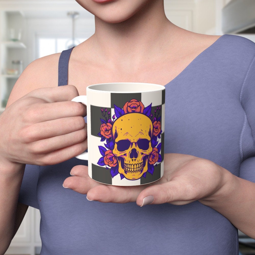 Ceramic Mug 11oz Gift Boxed Funky Skull and Roses On Checkerboard Gothic Decor