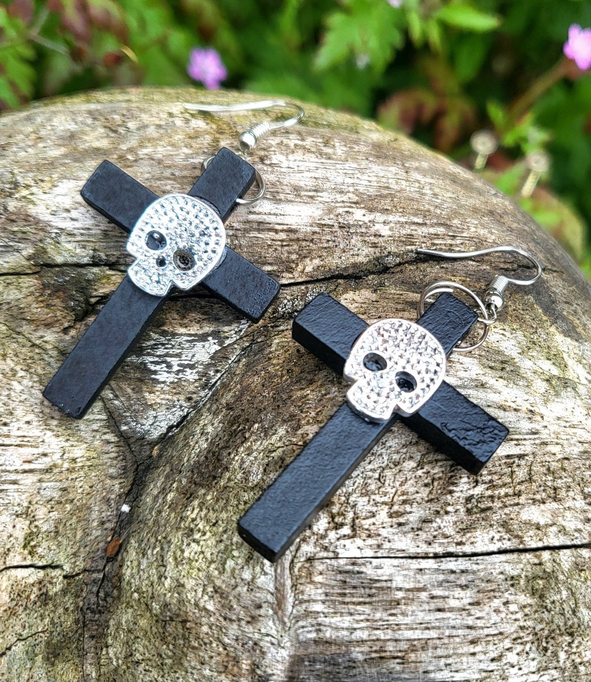 Handmade Wooden Cross Earrings & Black Silver Diamonte Skull Goth Whitby Church Gothic Great Gift E15