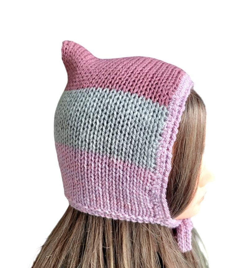 Knitted Pixie Bonnet, Grey & Pink Stripe, Adult Teen Size