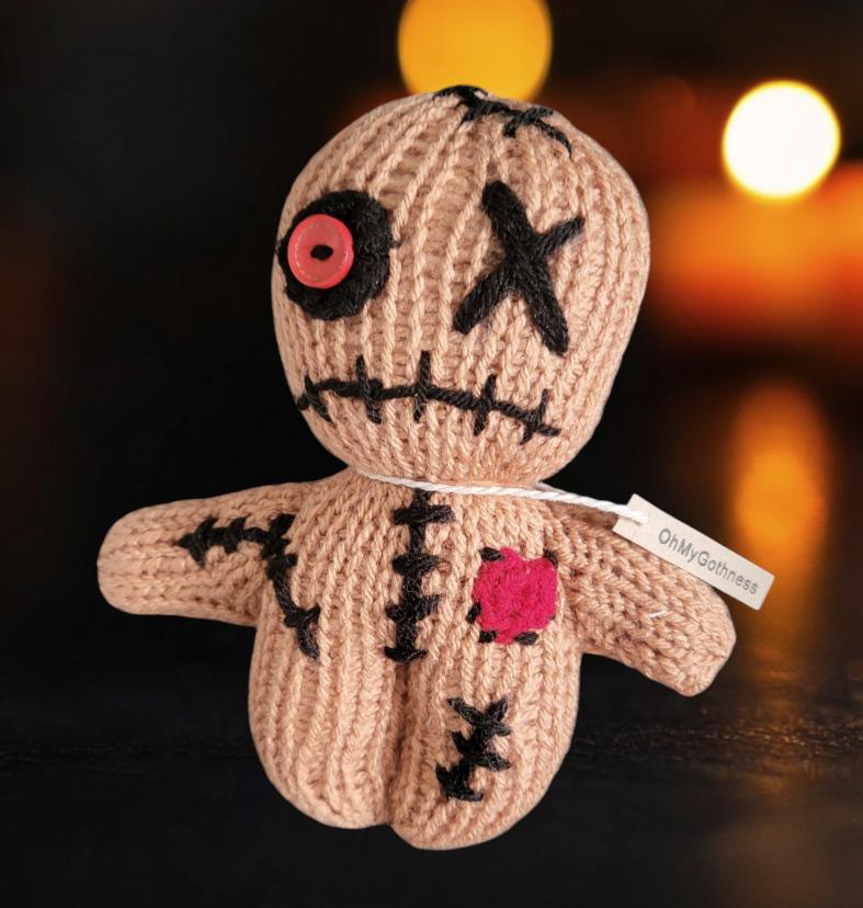 Handmade Gothic Voodoo Doll Knitted OOAK Cute Weird Fantasy Creepy Halloween Collectable Freaky Gift Spooky Decor Tan Black Red VO1