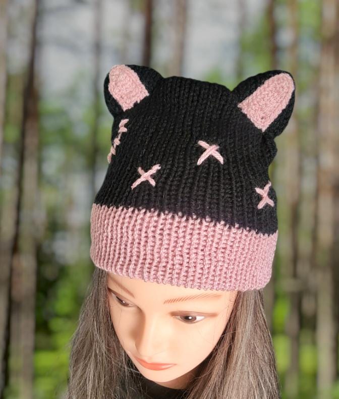 Knitted Cat Ears Beanie: Black & Pink Crochet Skull Design